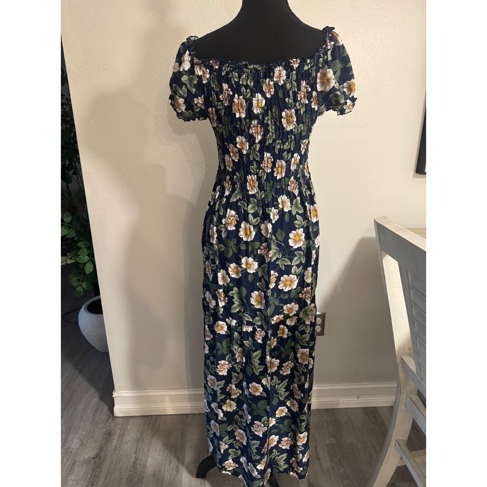 Kindred Navy Blue Floral Smocked Maxi Dress Short Puff Sleeve Cottagecore Large